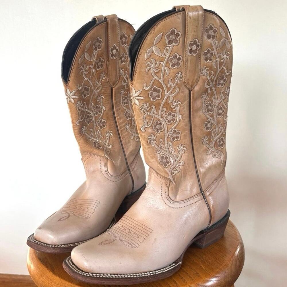 J.B. Dillon Cream Leather Floral Embroidered Western Cowboy Boots Size 8B